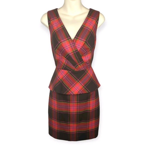 Trina Turk Pink Plaid Sheath Dress Flounce Peplum Tartan Faux Wrap Sleeveless 2 - Picture 2 of 6